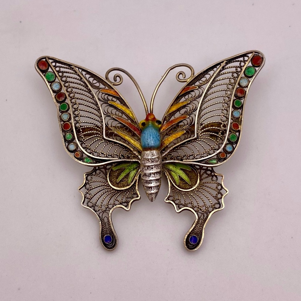Antique silver enamel butterfly brooch